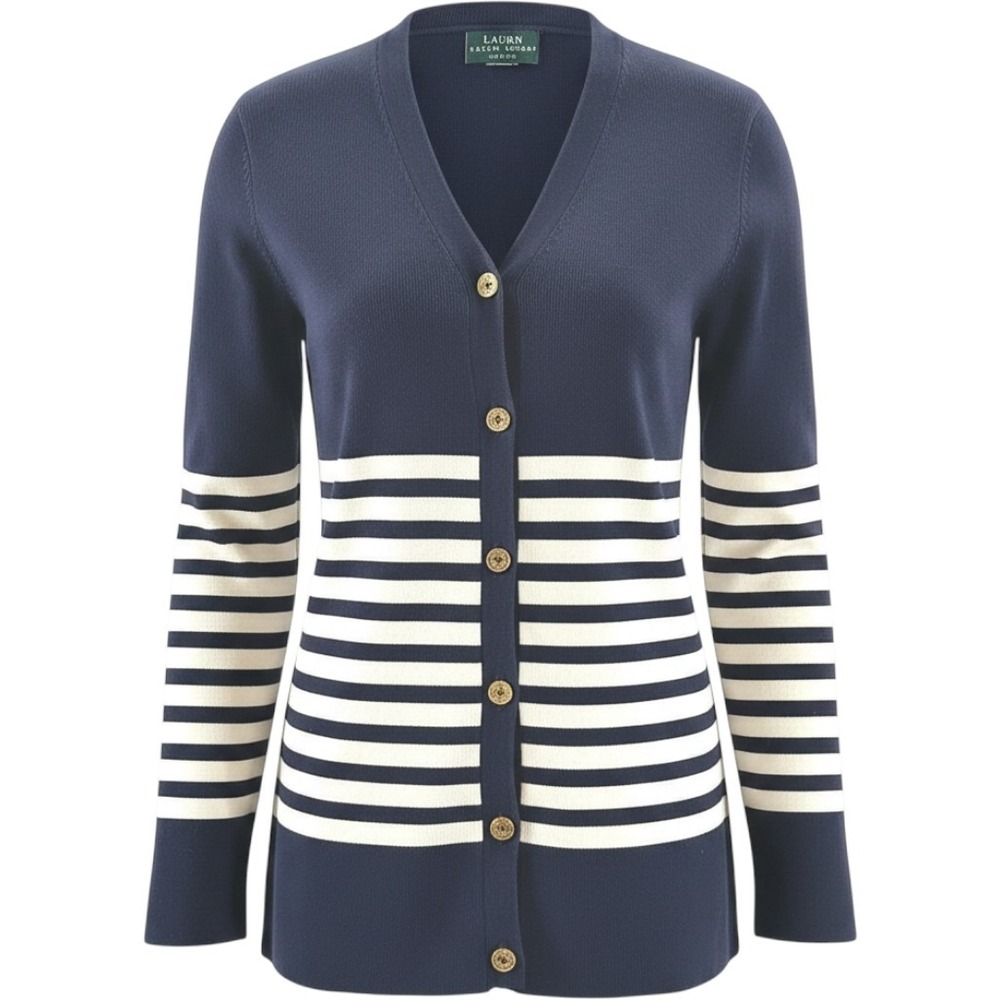 Lauren Ralph Lauren Cardigan Womens M Petite Navy Striped Gold Button Nautical